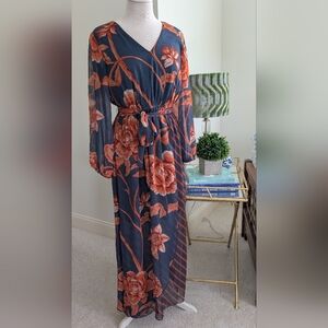 Enfocus Studio Navy and Coral Floral Maxi Dress